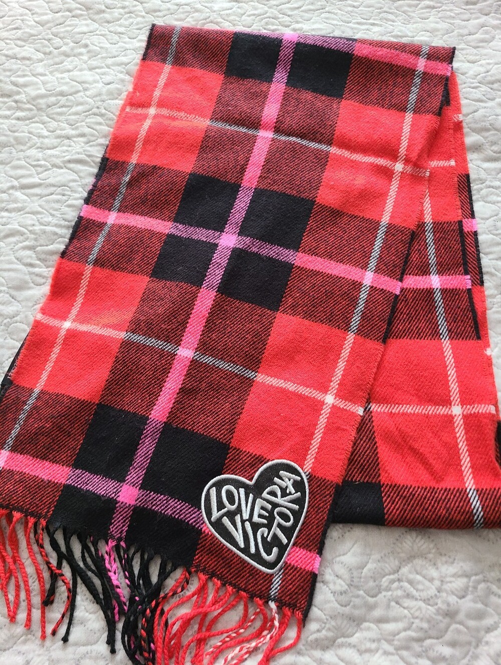 Victoria's Secret Red Black Pink Plaid Fringe Scarf